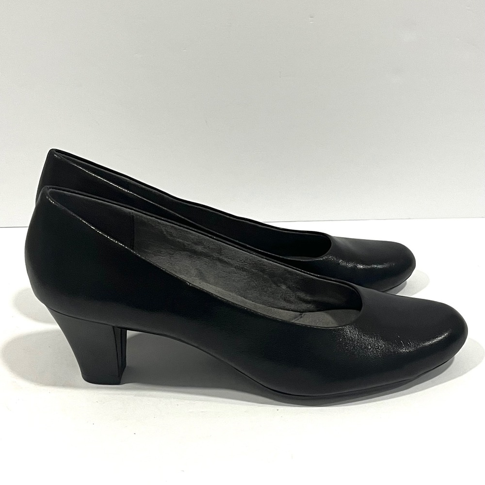 Aerosoles Shore Thing Black Leather Round Toe Block Heel Pumps Womens 9M